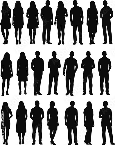 Silhouettes of twenty diverse people standing in rows, showcasing posture, clothing style, individuality, group presence, human variation