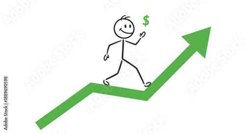 Stick figure walking up green arrow with dollar sign representing financial growth.