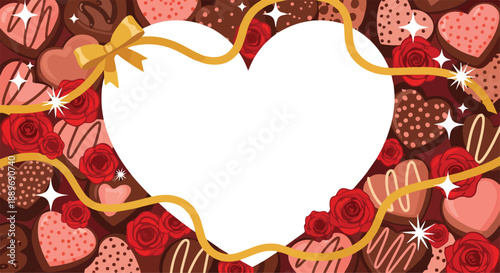 Valentine's heart frame with chocolates, roses, and ribbon.