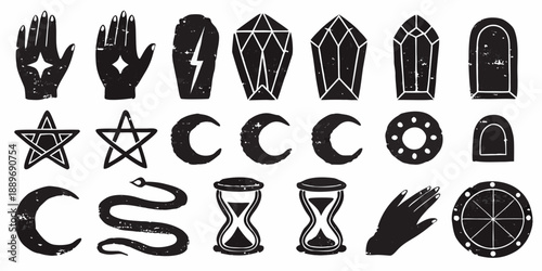 Collection of mystical symbols including hands crystals and esoteric shapes