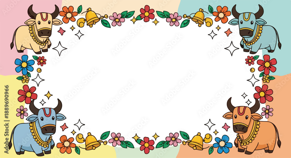 Fototapeta premium Cute cartoon ox frame with flowers and bells border.