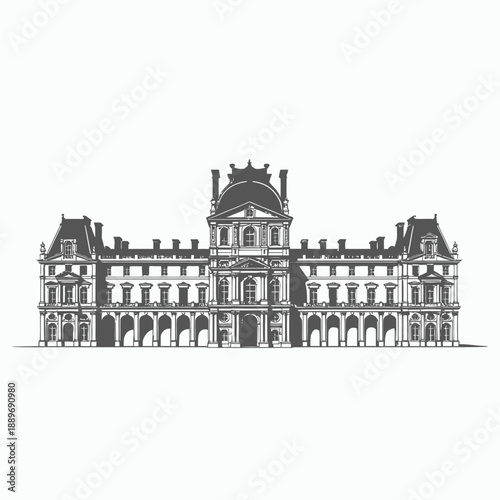 Louvre Museum Outline Vector Illustration Minimal Monochrome Line Art