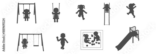 Architectural Vector Top View Silhouette: Kids Playing in Groups and Interacting for School Yards and Playground Layouts