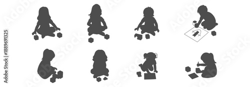 Architectural Vector Top View Silhouette: Kids Sitting on Ground, Kneeling, and Playing for Park and School Site Plans