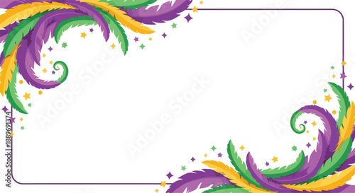Festive mardi gras frame with purple, green, and gold feathers.