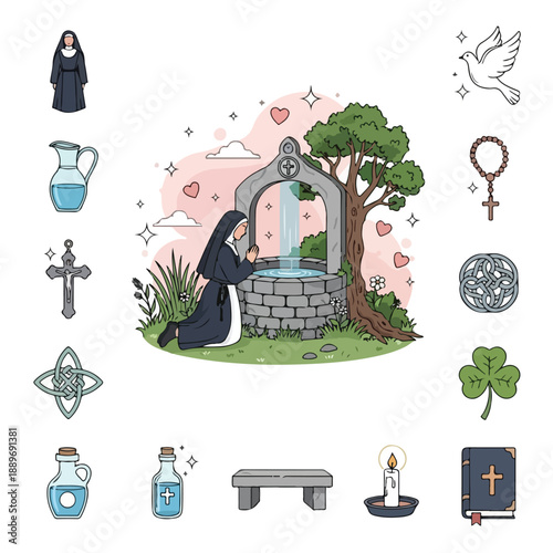 Nun praying at a holy well surrounded by religious icons and symbols.