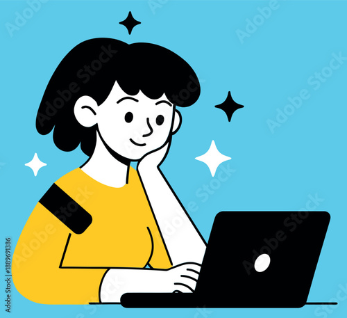 Young woman working on laptop with a happy and inspired expression