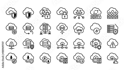 Cloud Computing Security Icons Set Illustration.