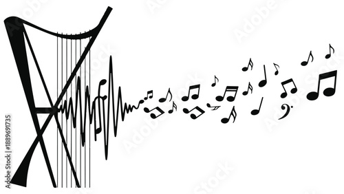 Harp music transforms into a flowing stream of musical notes, symbolizing sound and creativity.