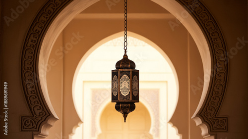Ornate Lantern Hanging From Chain In Islamic Archway For Ramadan And Middle Eastern Cultural Concepts