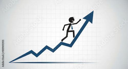 Stick figure running up a blue arrow graph symbolizing success.