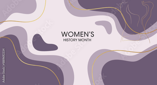 Celebrating Women's History Month with abstract purple wavy lines and golden curves