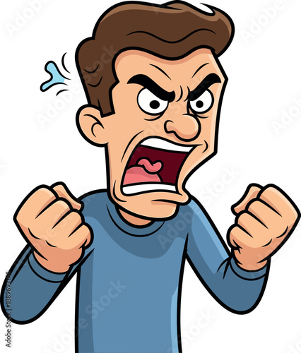 Angry man shouting with fists clenched, steam from head