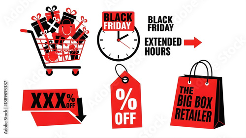 A vibrant collection of Black Friday sale icons showcasing discounts, shopping carts filled with gifts, and extended shopping hours for a limited-time retail event