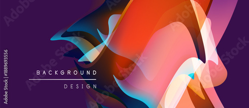 Abstract fluid shapes overlap, creating vibrant color gradients. Purple background complements orange, teal hues. Modern design element.