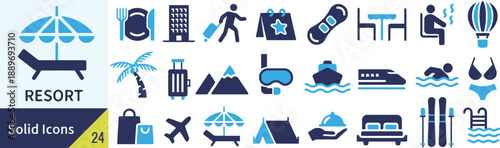 Set of resort solid style icons on white background for design and decoration related to travel vacation holiday tourism and recreation