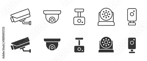 Set of Security Camera Icons Surveillance Equipment for Safety and Monitoring System in Outline and Glyph Styles for Crime Prevention and Public Safety Isolated