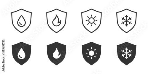 Set of Shield Icons Representing Protection from Elements Such as Water Fire Sun and Cold with Filled and Outlined Styles for Security Concepts