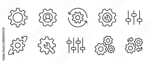 Set of settings outline icons isolated on white background consisting of gears tool for mechanical and digital design showing process engineering operation
