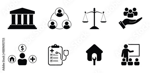 Set of social services icons concept containing health care, education, justice, government, security, community, housing and employment with white background