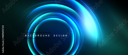Abstract neon circles over dark background. Modern design elements create futuristic visual impact. Text reads background design.