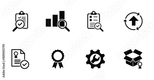 Set of vector icons representing quality assurance and improvement in business with elements of checkmark magnifying glass and gear