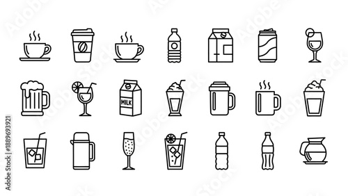 Collection of Beverage Icons in Line Art.