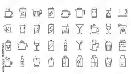 Collection of Beverage Icons in Line Art.