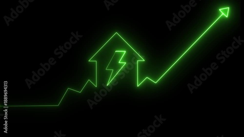 Green neon house and lightning bolt animation with upward trend graph. Rising energy cost. Power consumption. Home electricity. 4K utility increase loop.