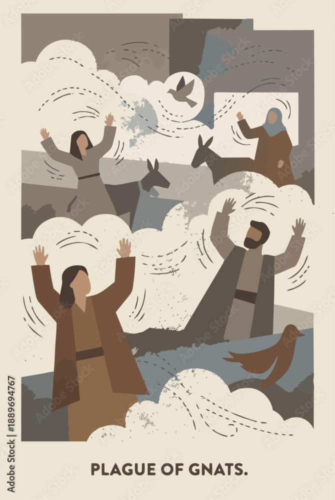 Obraz premium Plague of Gnats Flat vector illustration — Clouds of tiny gnats fill the air around people and animals. people swat at the air in frustration. Bible story