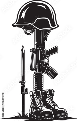 Military tribute illustration with helmet, rifle, and boots Vector