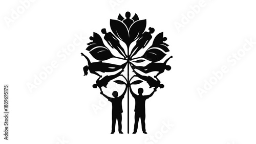 Two people holding up a stylized tree of life with figures representing growth and community
