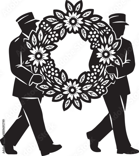 Vintage floral wreath carried by silhouetted figures Vector