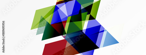 Abstract geometric shapes overlap, creating colorful composition. Triangles dominate, with varied hues and transparency. Modern design element.