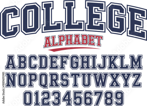 College Alphabet and Numbers in Bold Blue and Red Font