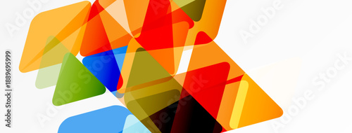 Abstract composition. Overlapping triangles create dynamic colorful pattern. Bright hues dominate white background. Modern design element.