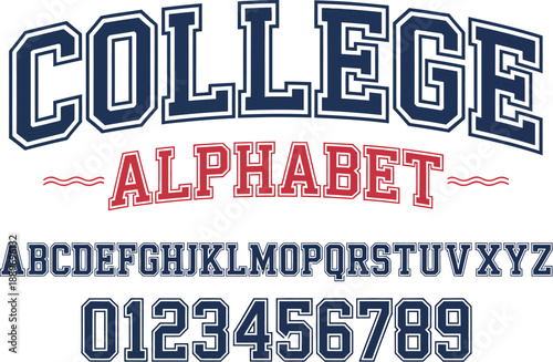 College Alphabet Font with Blue and Red Letters numbers