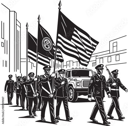 Military parade with flag bearers and police escort Vector