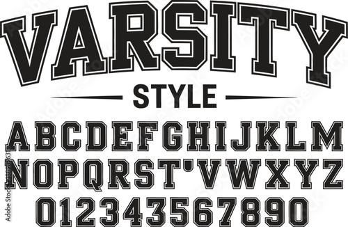 Black varsity style alphabet and numbers on white background