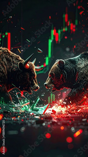 Global Stock Market Volatility concept. A dynamic clash between a bull and a bear symbolizes market trends, reflecting the intense battle of buyers and sellers in trading.
