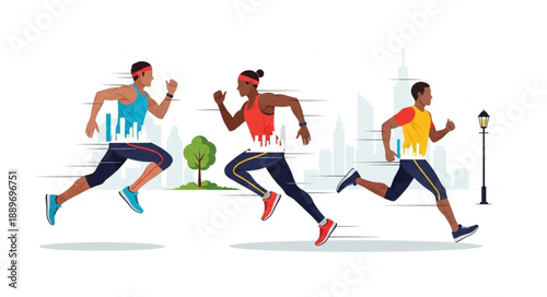Three diverse athletes running a race in a city park.