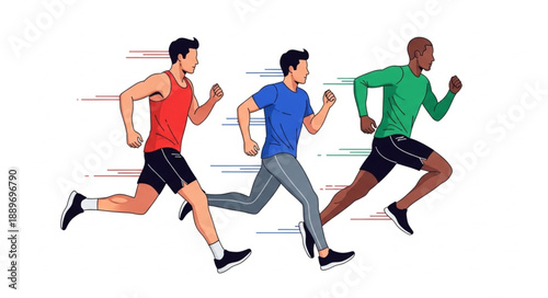 Three diverse men running a race competition together outdoors.