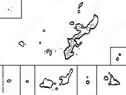 沖縄県地図 筆タッチ 市町村区分 和風 西日本 / A brushstroke map of Okinawa prefecture 2