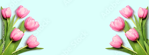 фотографія Symmetrical floral composition with pink tulips on both sides and pastel blue space in the center for text or design