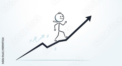 Stick figure climbing up an upward trending graph representing success.