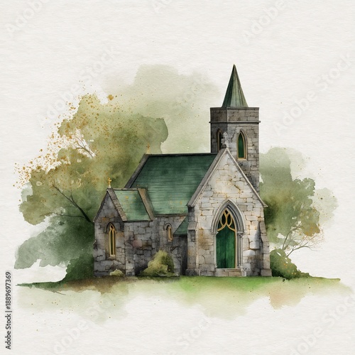 peaceful irish country church - watercolor painting