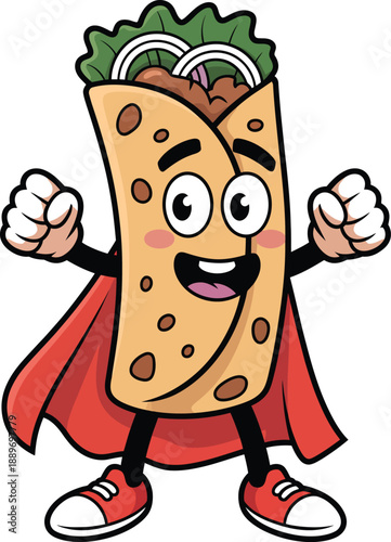 Cartoon burrito superhero with red cape and red shoes