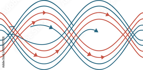 Blue and red curved lines with arrows forming a wave pattern