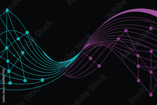 Colorful interconnected nodes and flowing lines on black background connections network