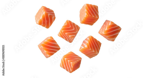 Raw salmon fish cubes background removal pieces on transparent background